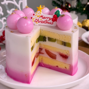 Pink Ombre Christmas Jelly Layered Fruit Cake Agar-agar Cake | 圣诞水果果冻蛋糕食谱燕菜糕