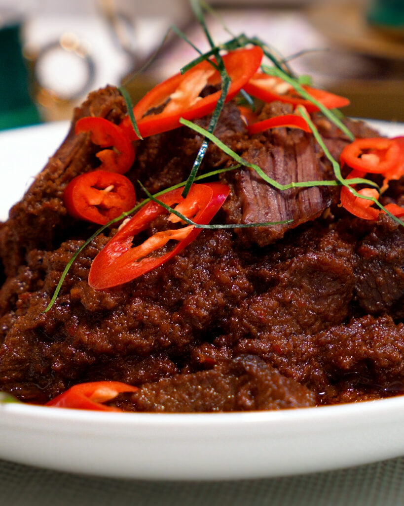 Beef rendang tok cooked until tender with thick coconut sauce