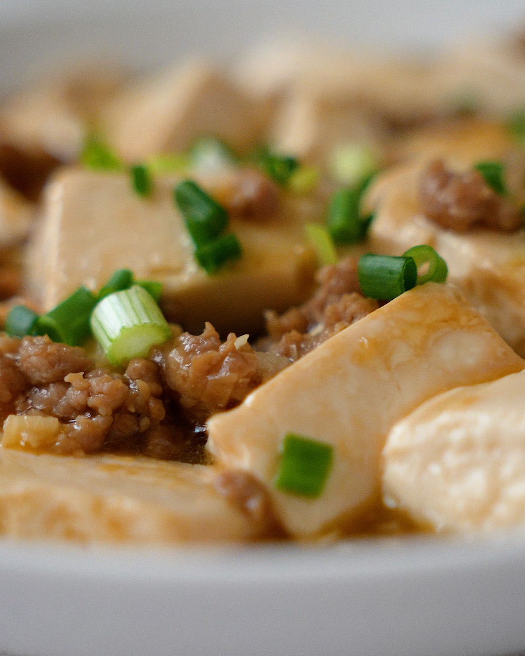 Silken tofu with minced pork in a glossy sauce served in a bowl