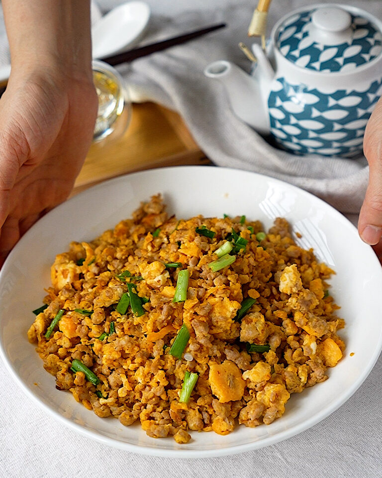 Minced pork and egg stir fry served on a plate — easy Chinese stir fry recipe
