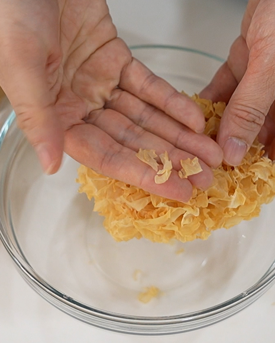 Snow fungus after soaking, expanded and softened, ready to cut for dessert soup