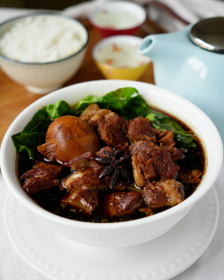Tau yu bak recipe — braised pork shoulder in soy sauce with hard boiled eggs and star anise