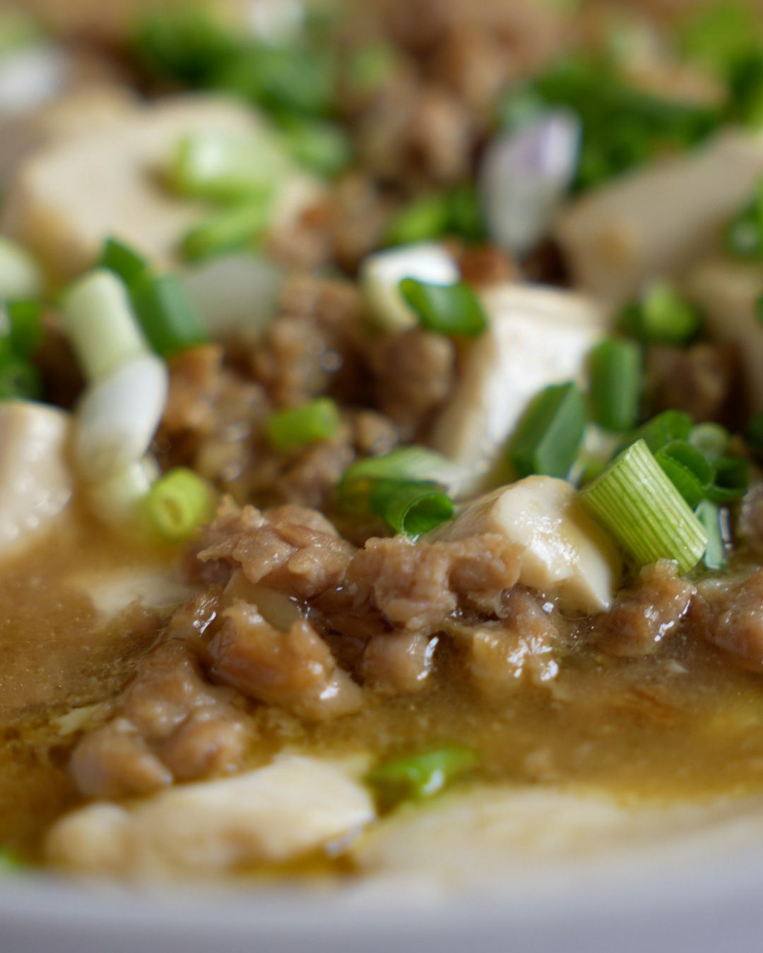 Close up of silken tofu with minced pork and bean paste garnished with spring onions