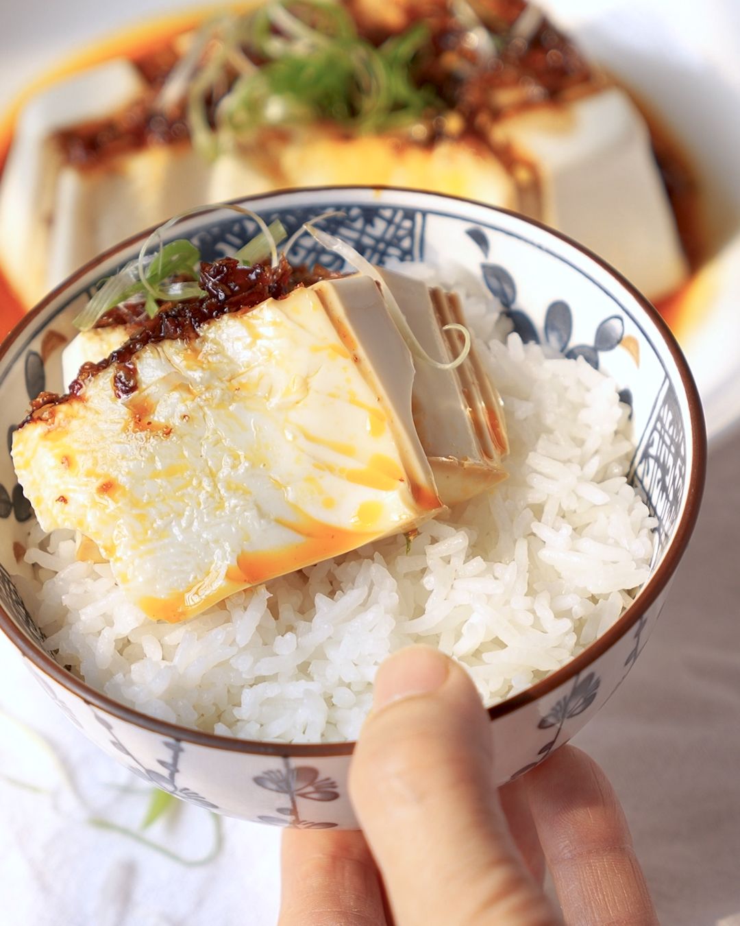 A slice of cold silken tofu with chili oil served over a bowl of white rice