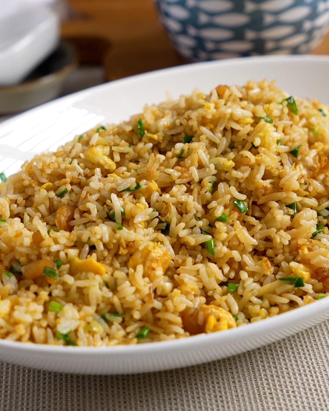 Close-up of fluffy homestyle egg fried rice with dried shrimp, scrambled egg and spring onions
