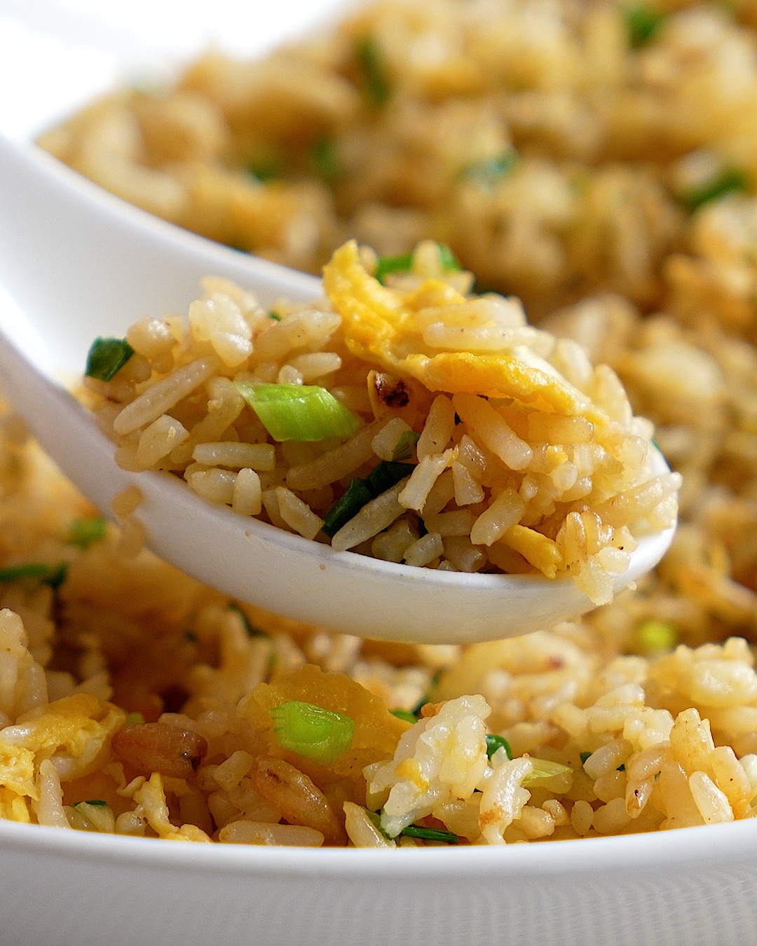 A spoonful of Chinese egg fried rice with scrambled egg, spring onions and dried shrimp