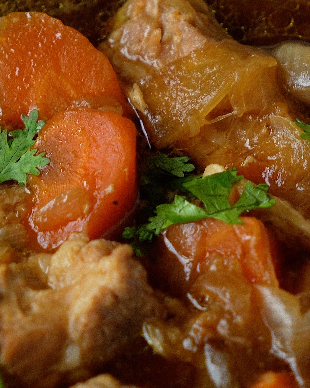 Close-up of tender pork ribs, carrots and onions in a dark soy sauce stew